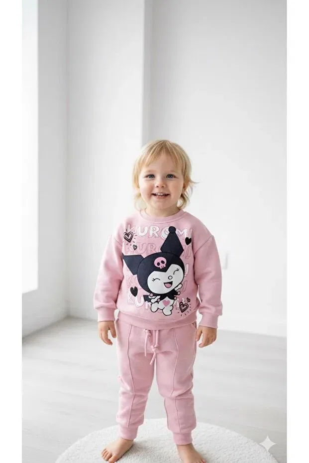Детский для девочек комплект спортивного костюма с принтом Kuromi patterned pink 3 thread ribbed, Paty Kids, Pink
