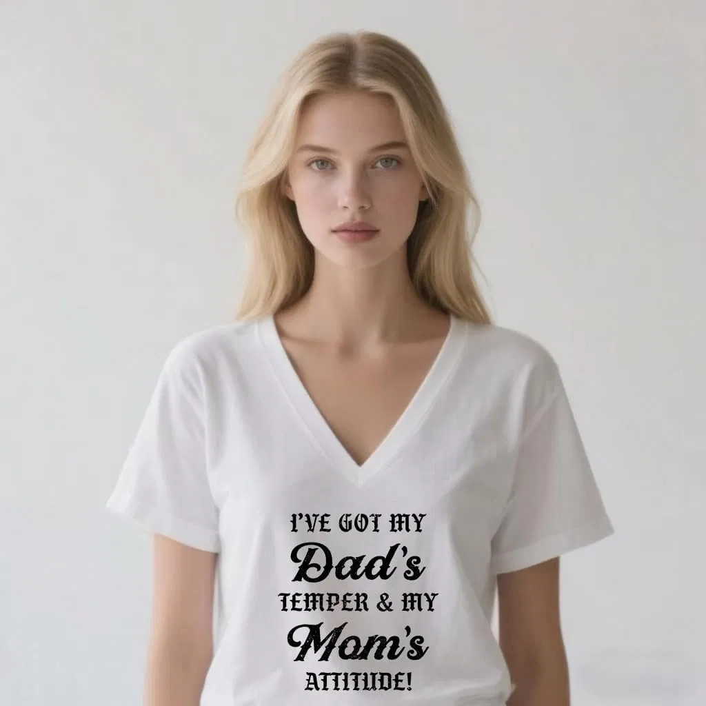 Женская футболка с принтом I Got My Dad’S Temper, Claret-vneck — фото 3
