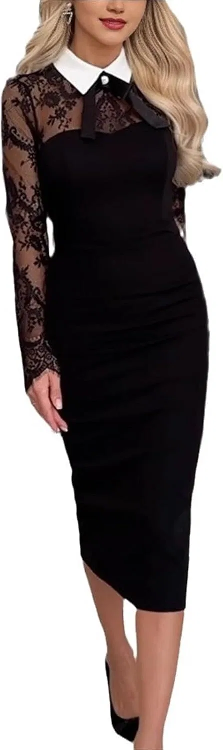 Женское платье-футляр кружевное с длинным рукавом Formal Dress, Black