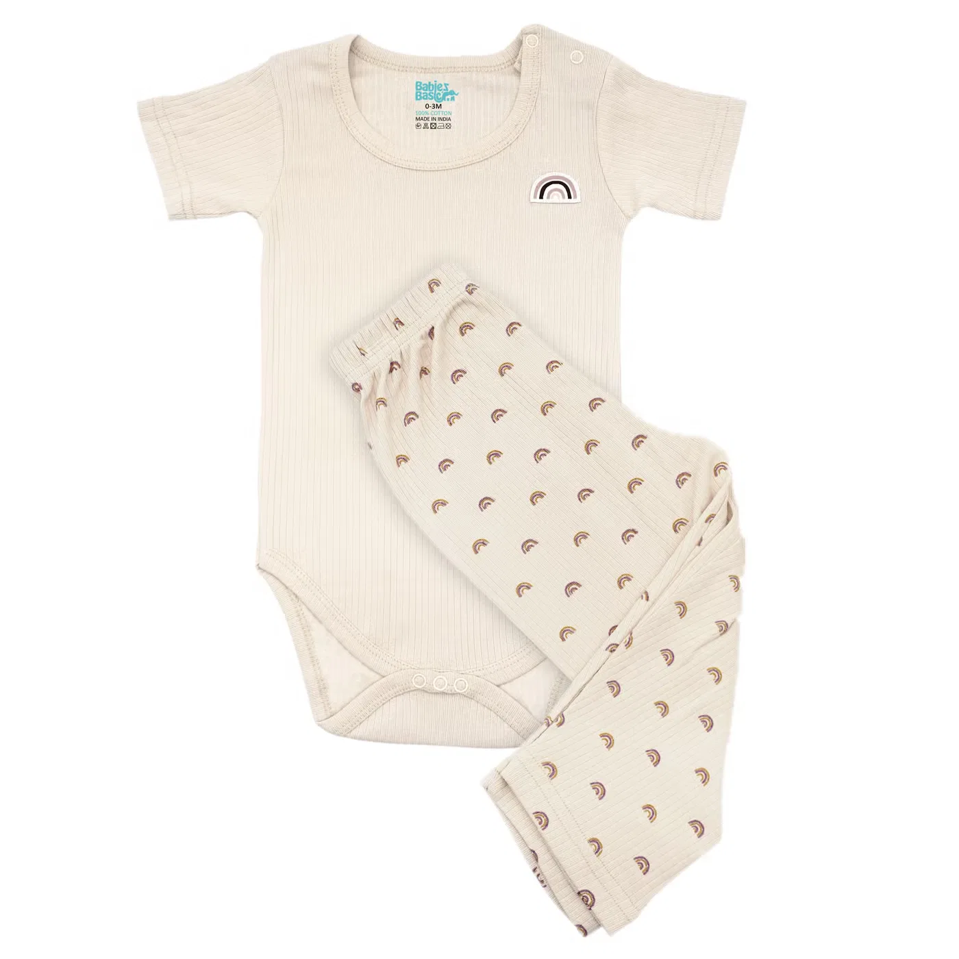 Babies Basic Комплект боди-комбинезон и пижама с принтом из рубчатого хлопка, кремовый