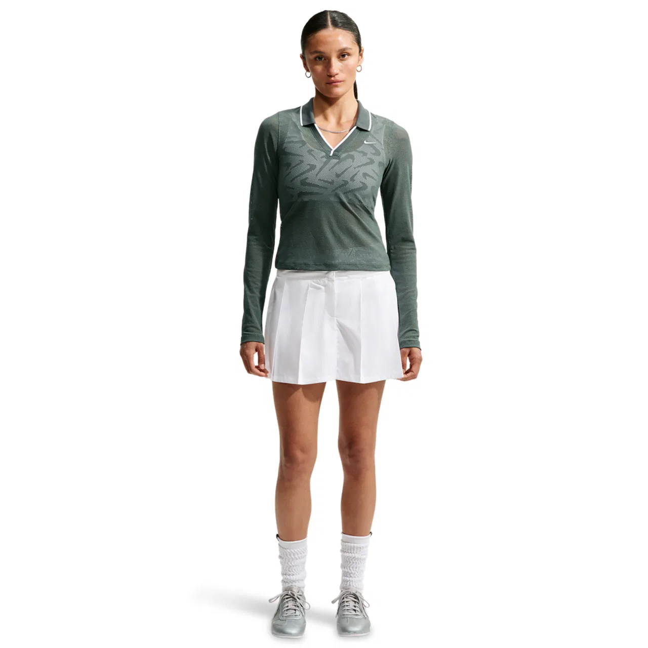 Женский лонгслив с принтом Nike Chill Knit LS Stitch Lace Top, Camo Green/Camo Green/White — фото 4
