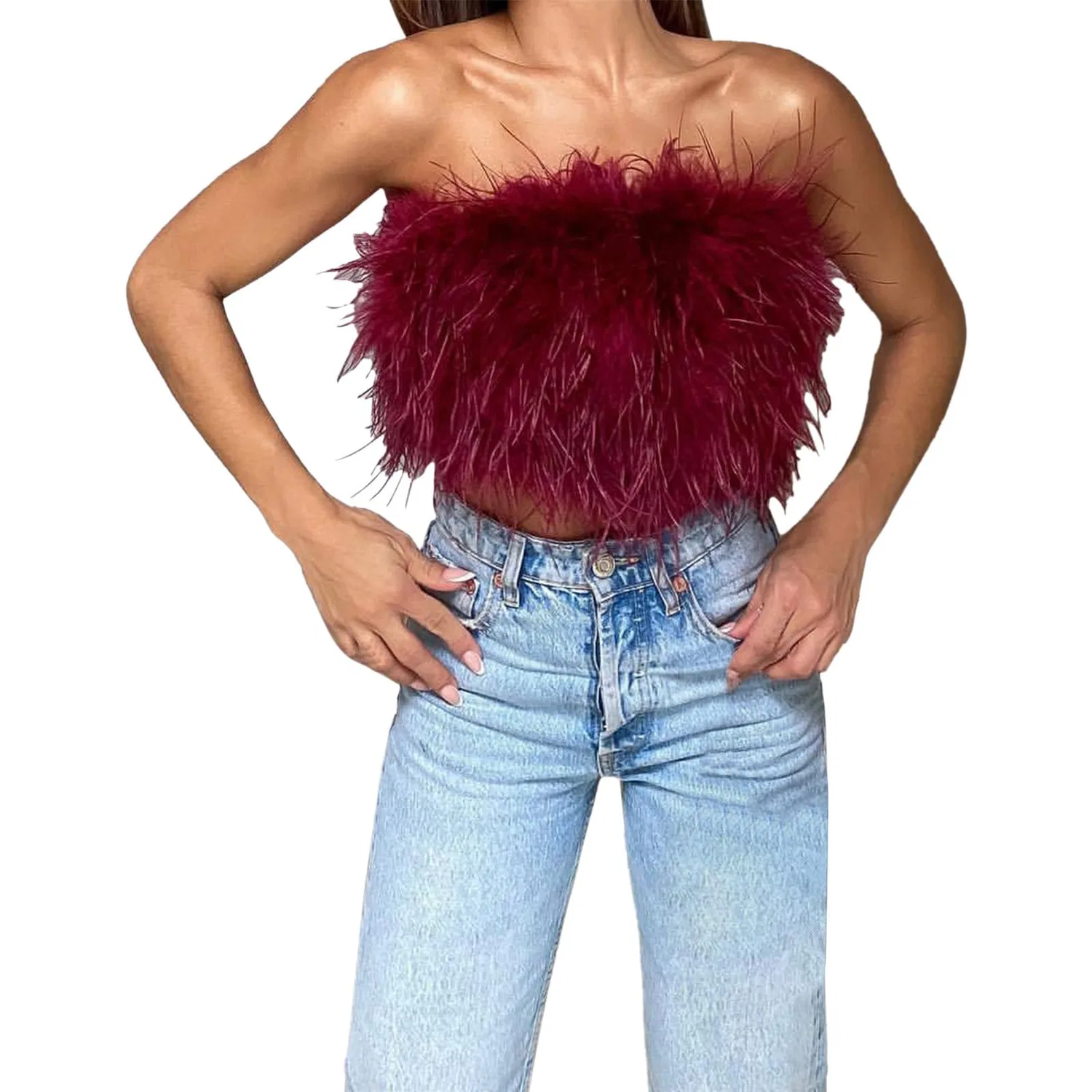Женский топ без рукавов с перьями и молнией, модель Tube Top, Red