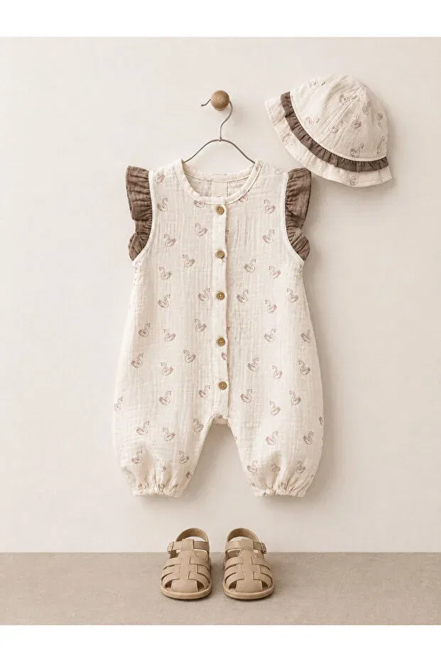 Детский комбинезон для девочек с принтом Swan Patterned Sleeves Embroidered Jumpsuit Hat Tifina Kids, Brown