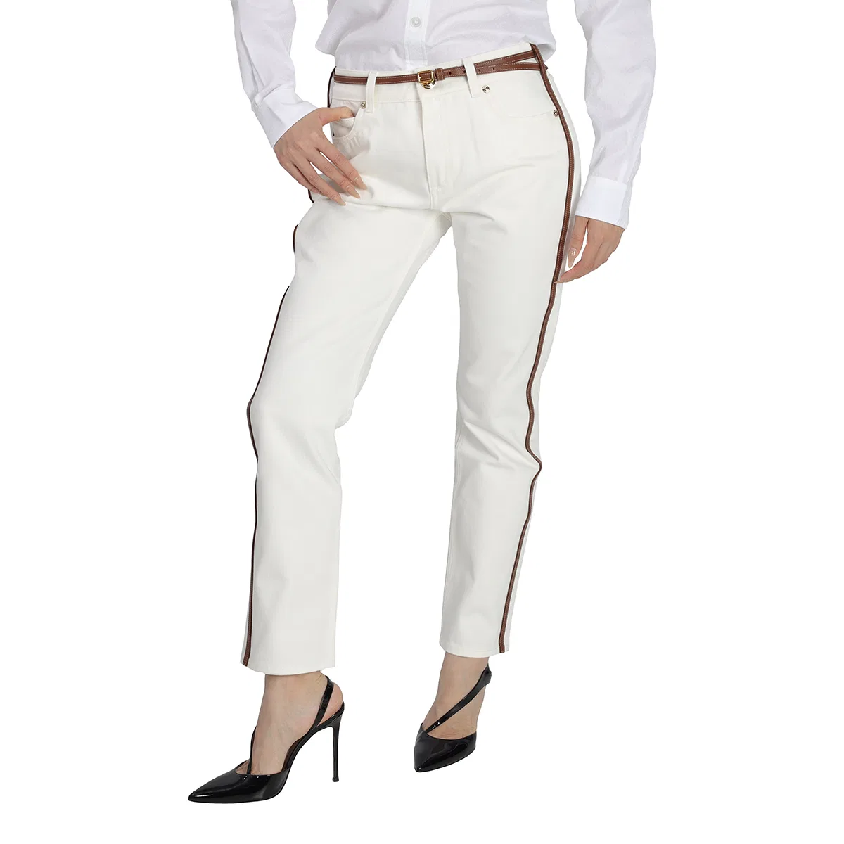 Джинсы прямого кроя с кожаными ремнями Ladies Off White Straight Fit Leather Harness Detail Jeans Burberry, Off White