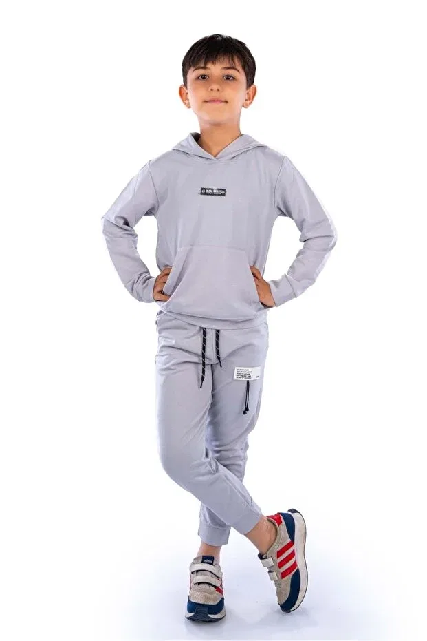 Детский спортивный костюм для мальчиков с капюшоном Class kanguru pocket hooded children's tracksuit mnk10071 Minikadam, Light Gray