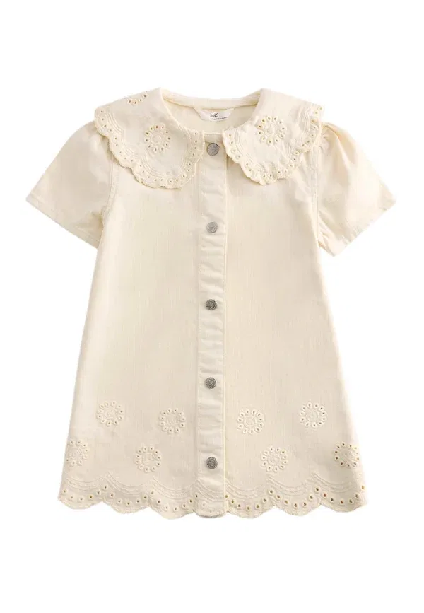 Платье-рубашка хлопковое Broderie collar - shirt dress Marks & Spencer, Light Cream