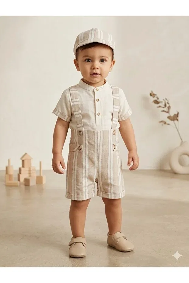 Детский комбинезон для мальчиков в полоску с кепкой Junior Class, Beige — фото 3