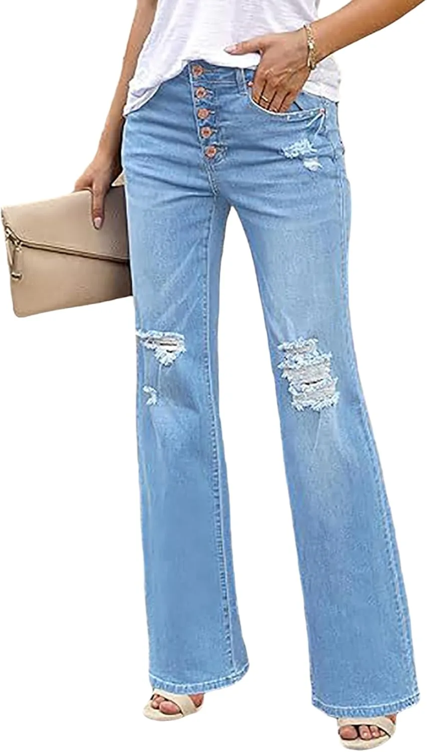 

Женские рваные джинсы клеш на пуговицах high waist vintage slim fit stretchy YADMISU