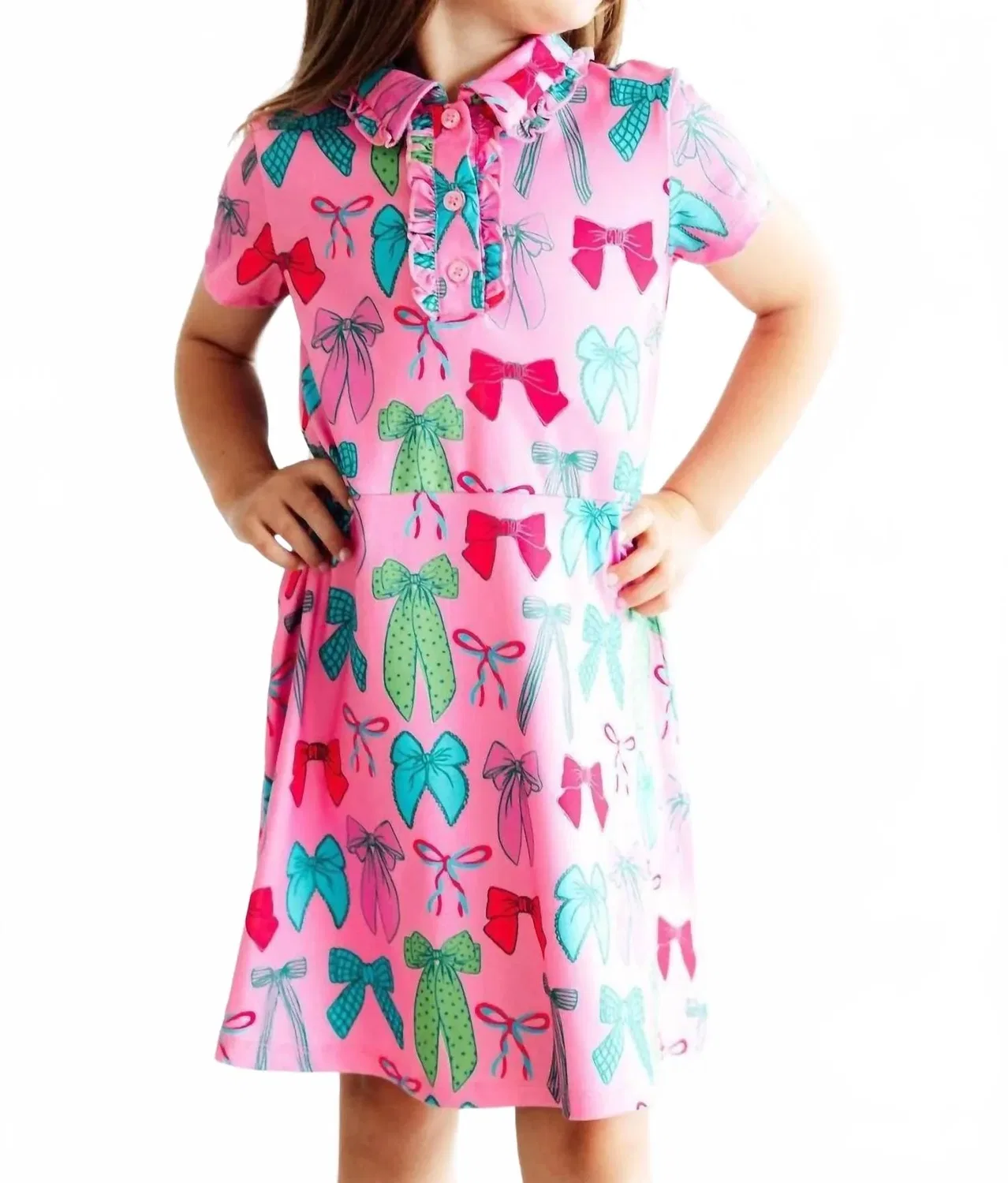 Детское платье-поло для девочек с коротким рукавом и оборкой Pink Twirls And Ties Mila & Rose, Pink Twirls And Ties — фото 3