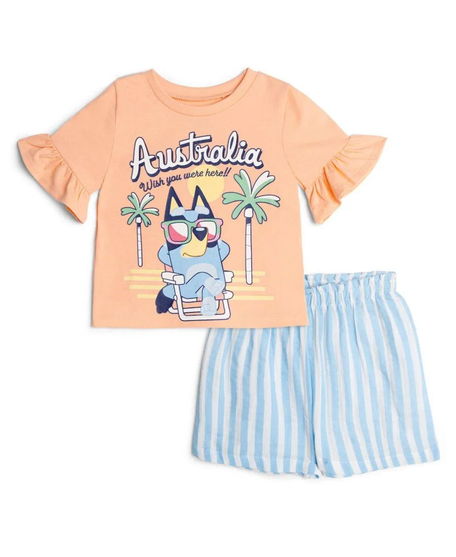 Комплект из футболки и шорт для девочек, с принтом Bluey Bluey, Peach Stripe Bluey