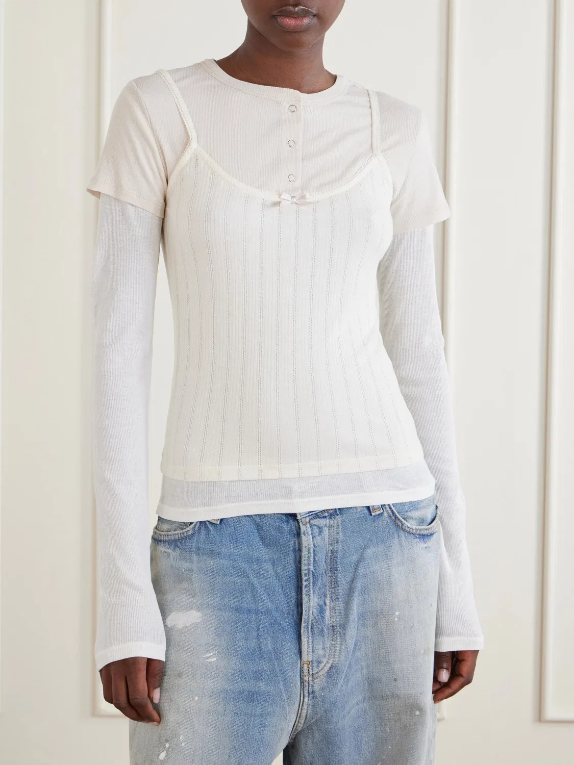 Футболка Ersilia из лиоцелла и хлопка от ACNE STUDIOS со вставками и рубчиком, белый — фото 3
