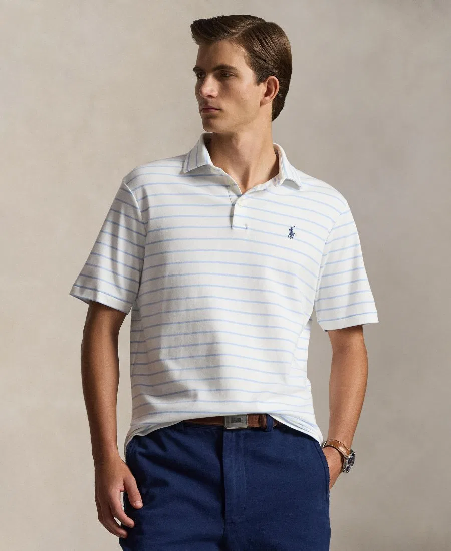 Мужское поло с коротким рукавом хлопковое Classic Striped Soft Cotton Polo Shirt Polo Ralph Lauren, White/Pebble Blue