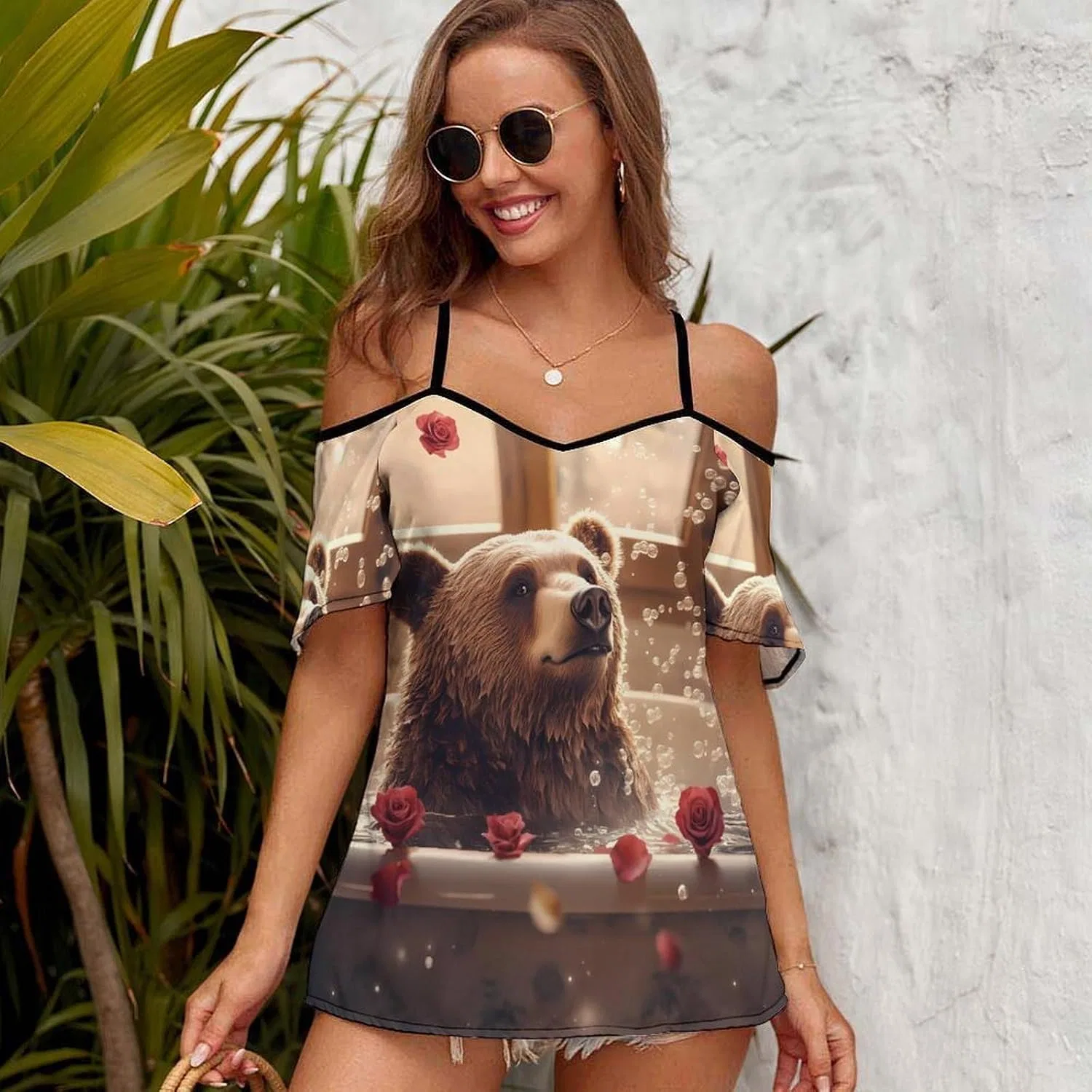 Женское платье-футболка с принтом Funny Bear Cold Shoulder Tops, Style — фото 3
