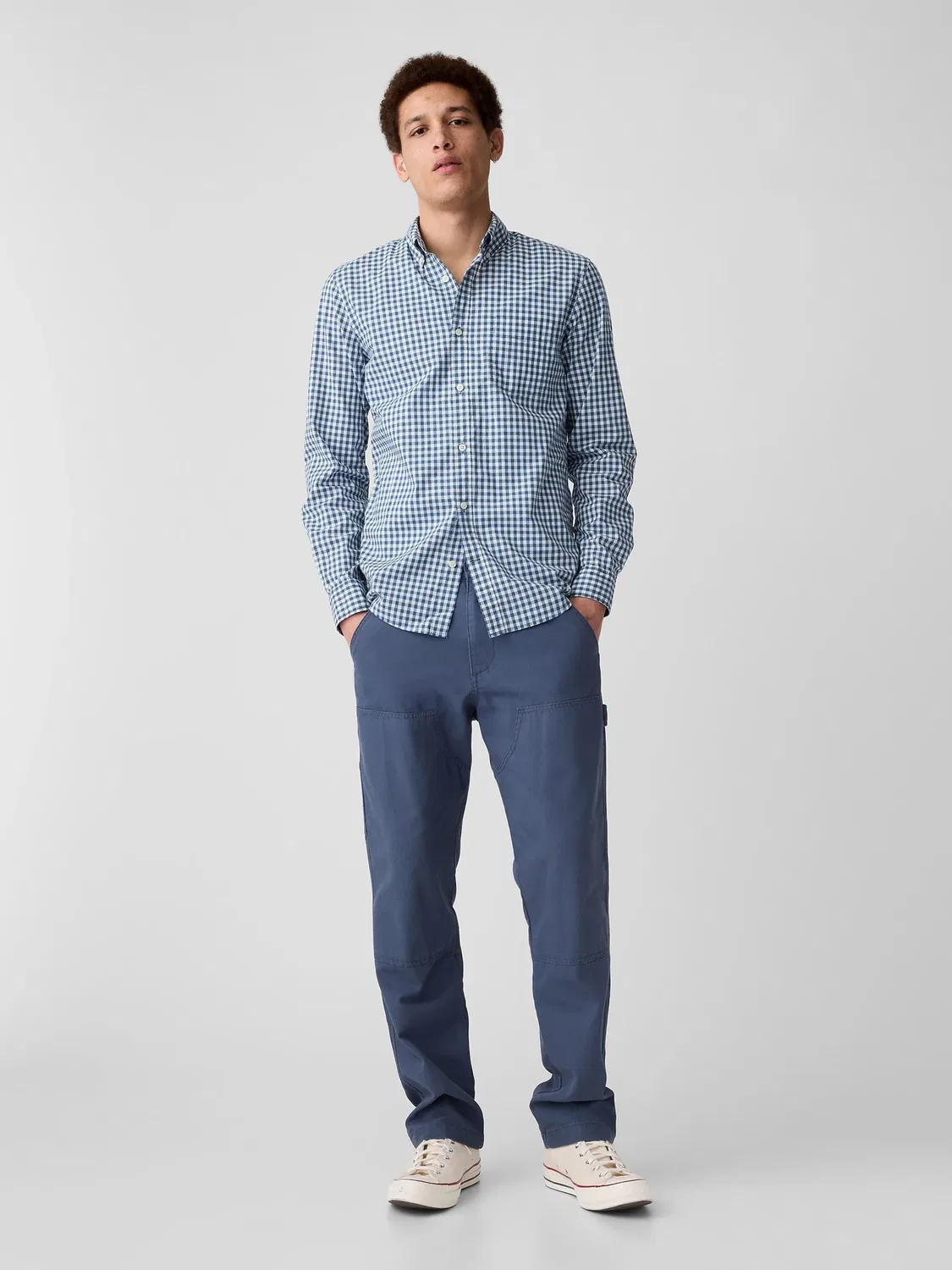 Рубашка из поплина, синяя клетка, Slim Fit Gap, синий — фото 3