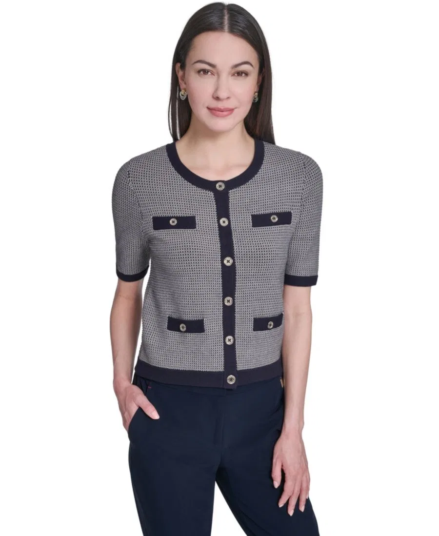 Женский джемпер с коротким рукавом и воротником-стойкой Honeycomb Tommy Hilfiger, Midnight Whitecap