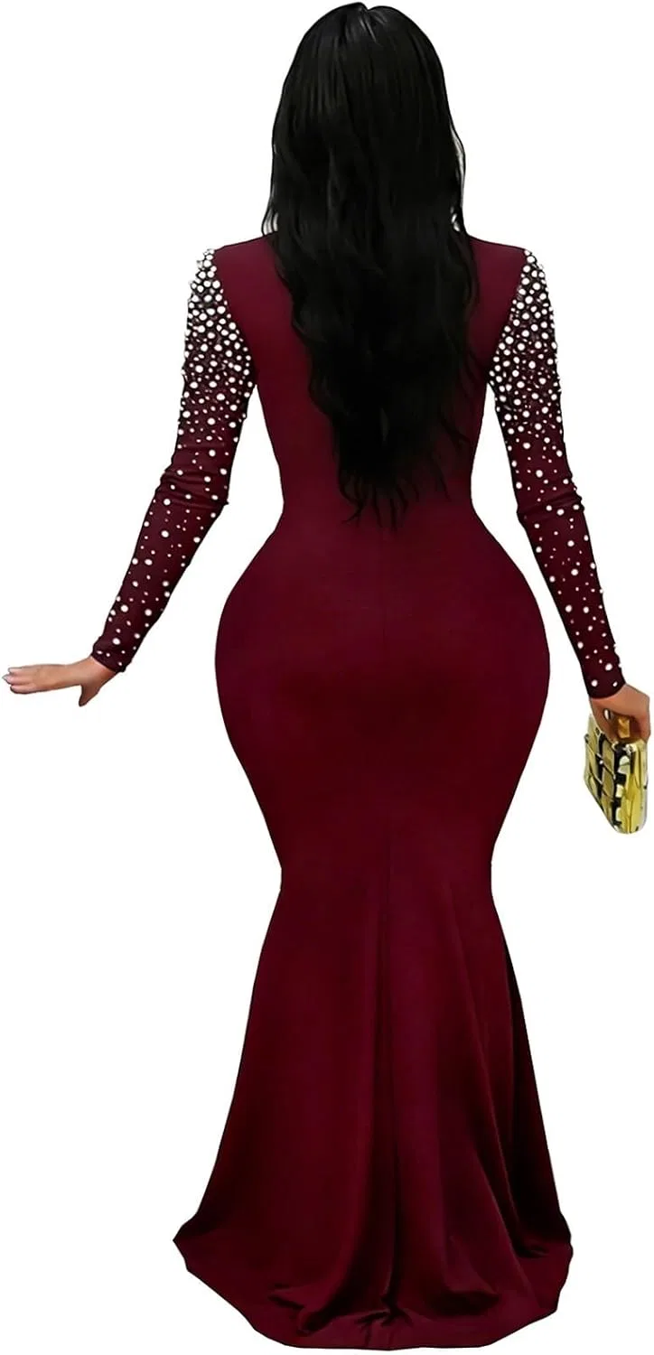 Женское вечернее платье с завышенной талией и стразами Bodycon Maxi, Wine Red — фото 2