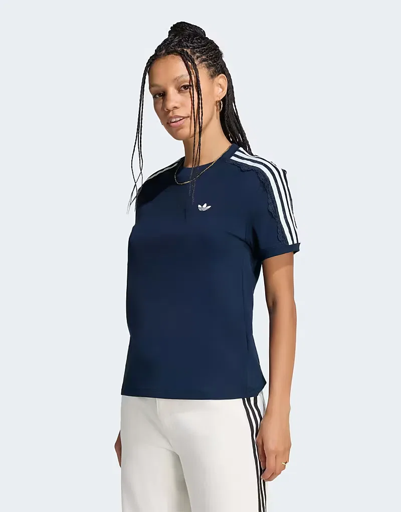 Футболка Adidas Originals Lace с тремя полосками, темно-синий, в университетском стиле