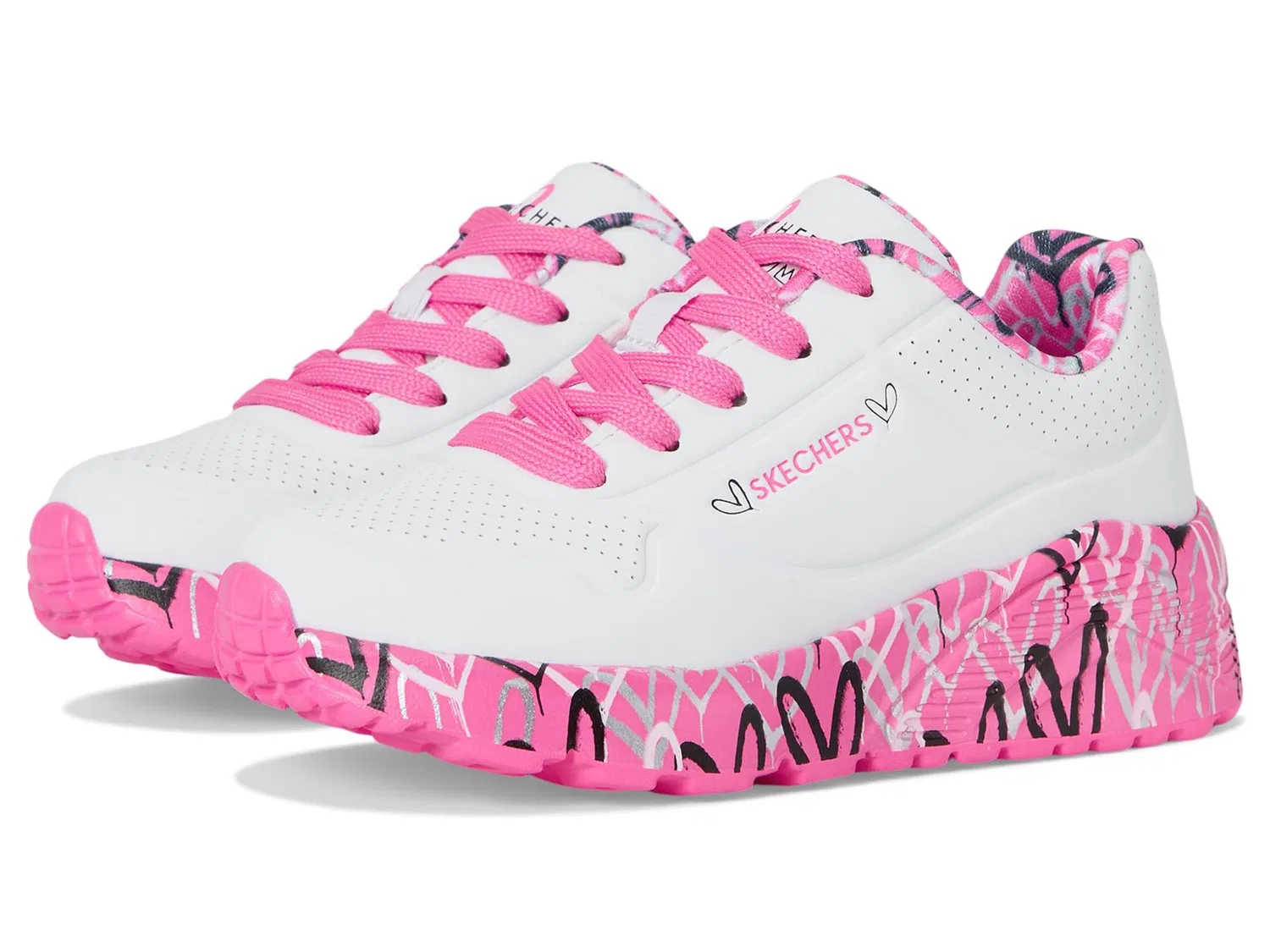 Детские кроссовки для девочек с принтом Uno Lite - Lovely Luv Skechers, White Pink Silver Black