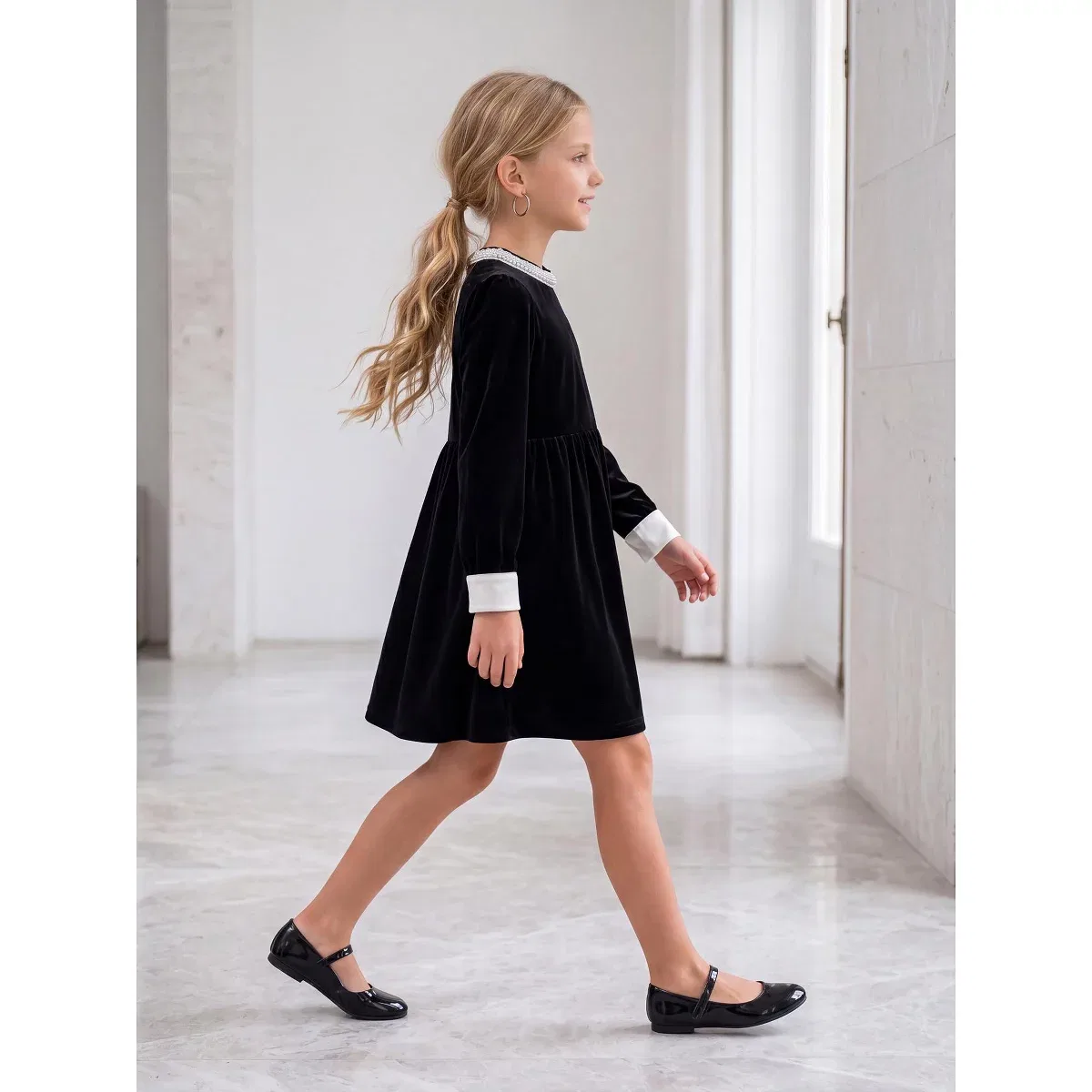 Детское платье для девочек из велюра с длинным рукавом INSPIRE CHIC, Black — фото 3