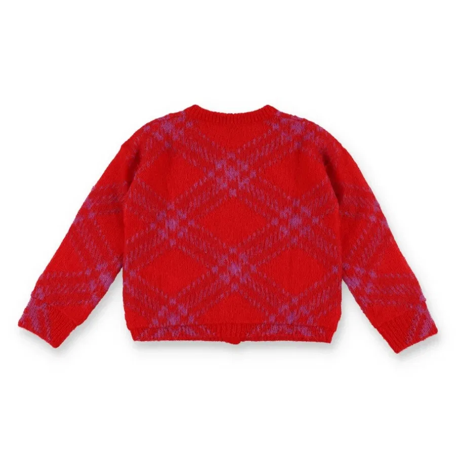 Кардиган с принтом в клетку Kids Checkered Mohair-Wool Blend Cardigan Burberry, Warm Coral Red — фото 2