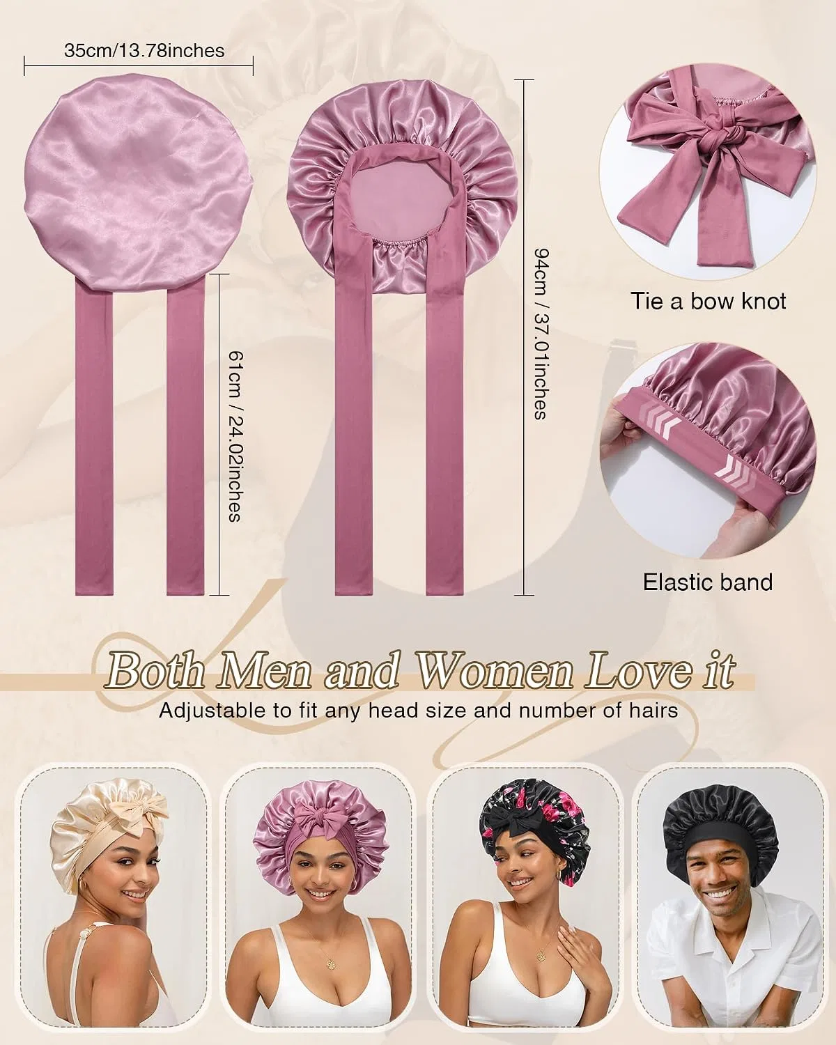 Шапочка для душа Satin Hair Cap, CHLINS, 2 шт, 35 см, Bean paste + Pink — фото 2