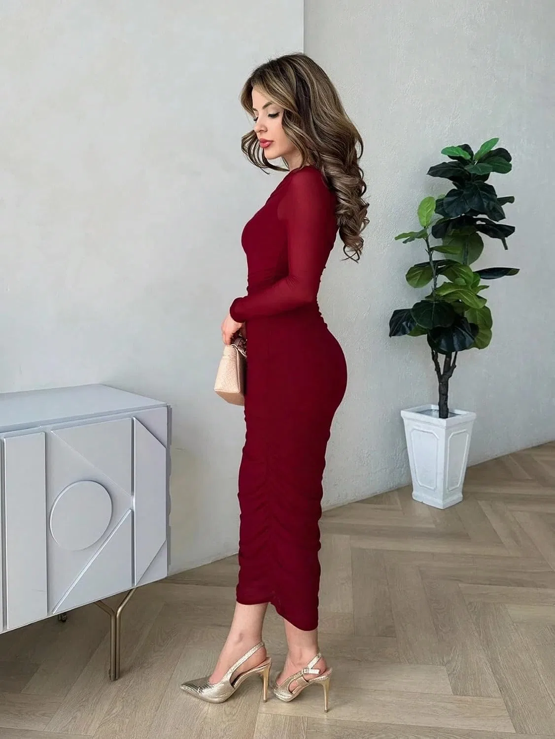 Женское элегантное платье миди с асимметричным вырезом Bodycon, Burgundy — фото 4