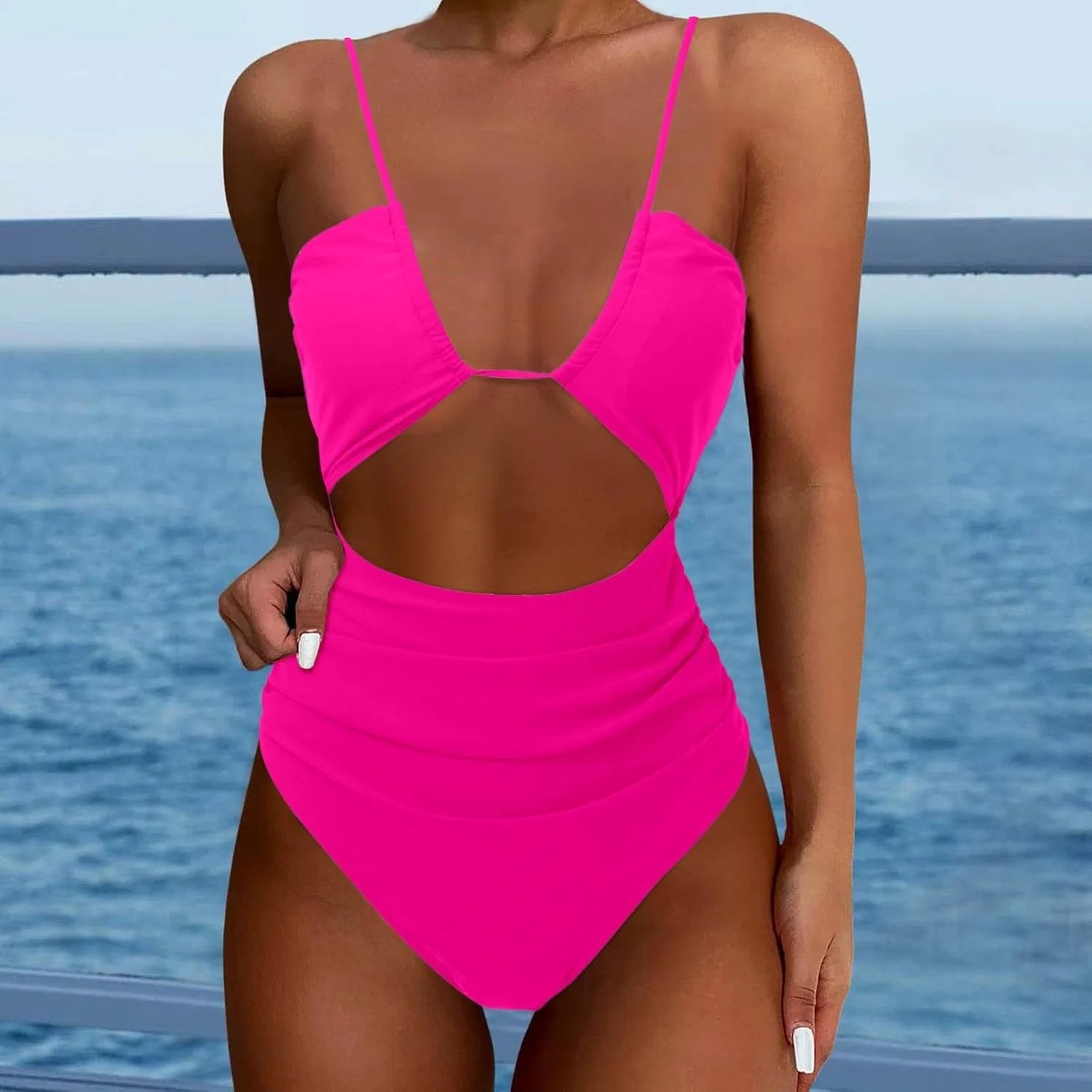 Женский слитный купальник с утяжкой живота V-образным вырезом Hot Pink — фото 2