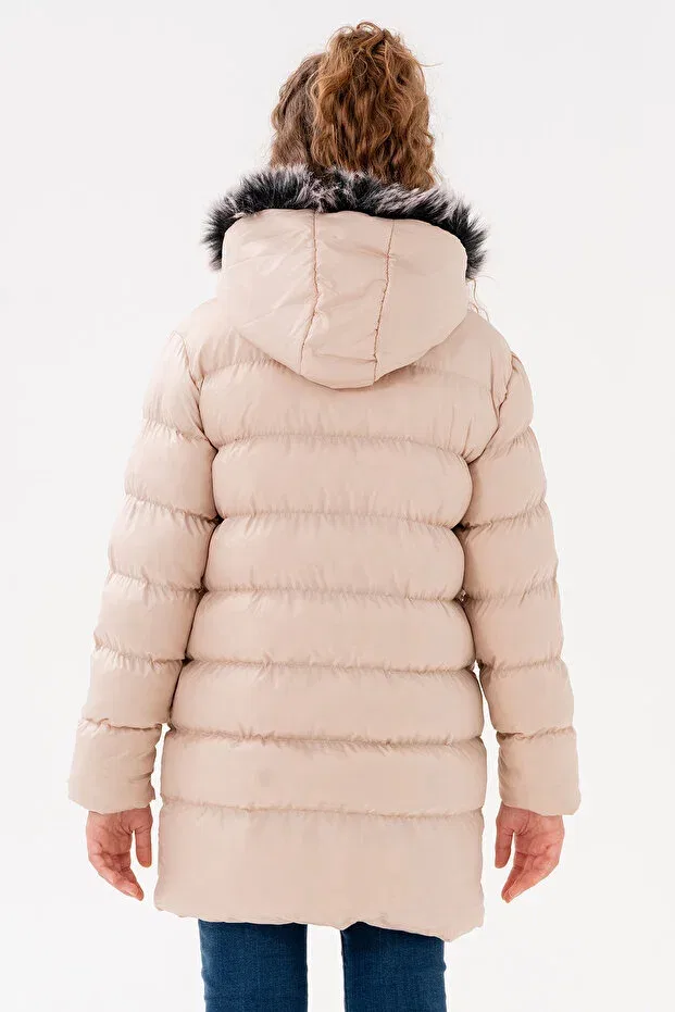 Детское зимнее пальто для девочек с капюшоном Basics Vodens, Beige — фото 3