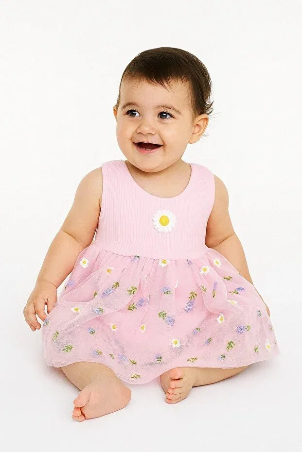 Детское платье для девочек с принтом Lavender patterned tulle dress with ribbed sleeves Dinamik Çocuk, Pink Lavender