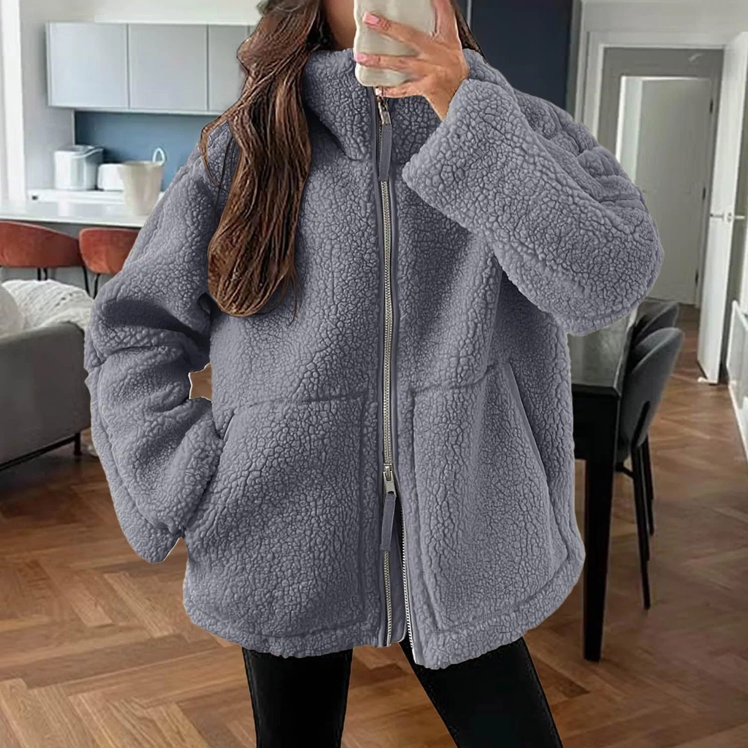Женское зимнее пальто с длинным рукавом на молнии, Grigio — фото 2