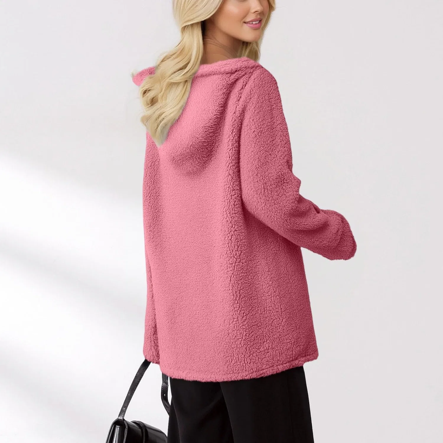 Женская куртка из флиса на молнии с длинным рукавом и карманами, pink — фото 2