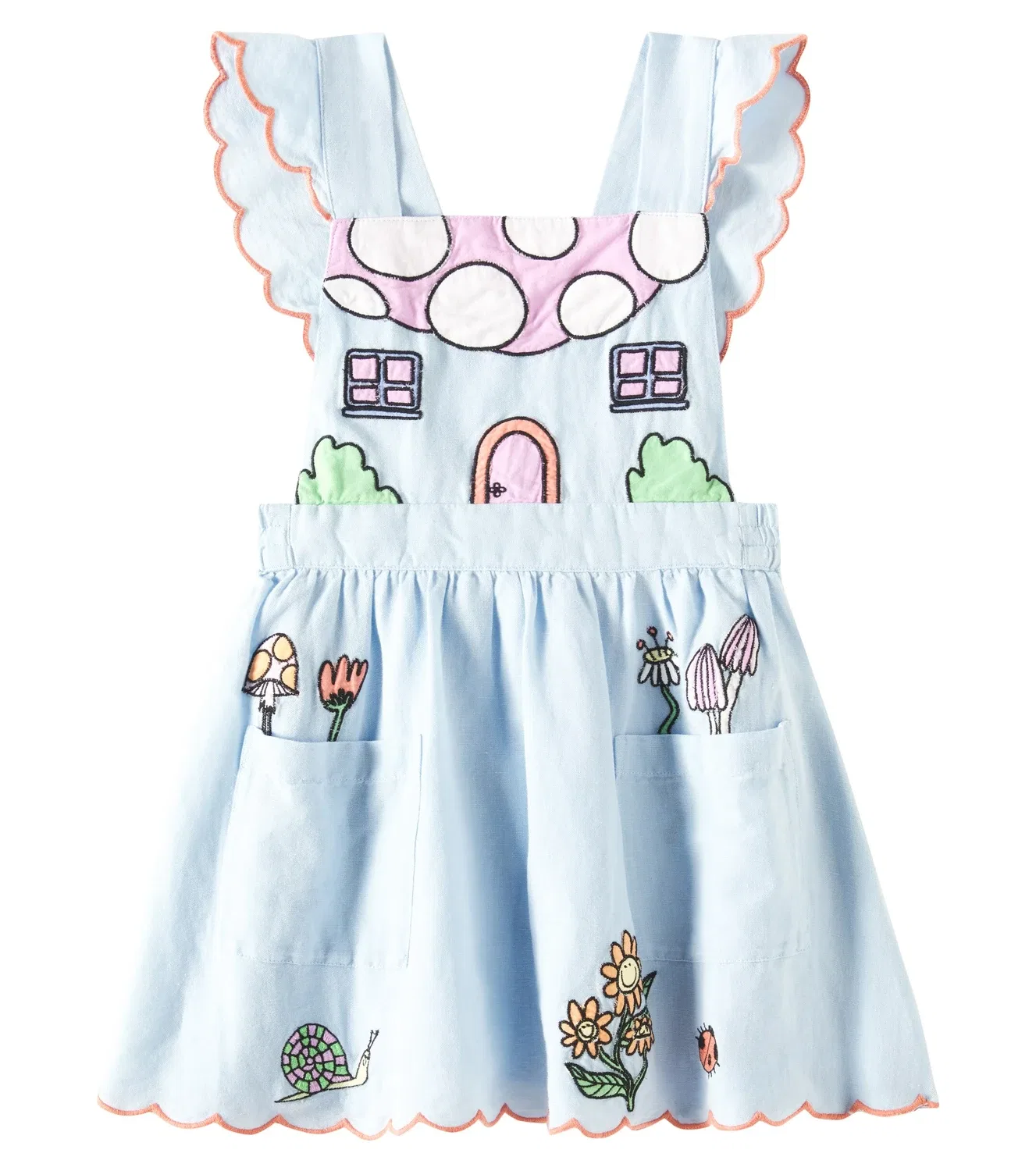 Льняное и хлопковое платье с вышивкой Stella McCartney Kids, синий
