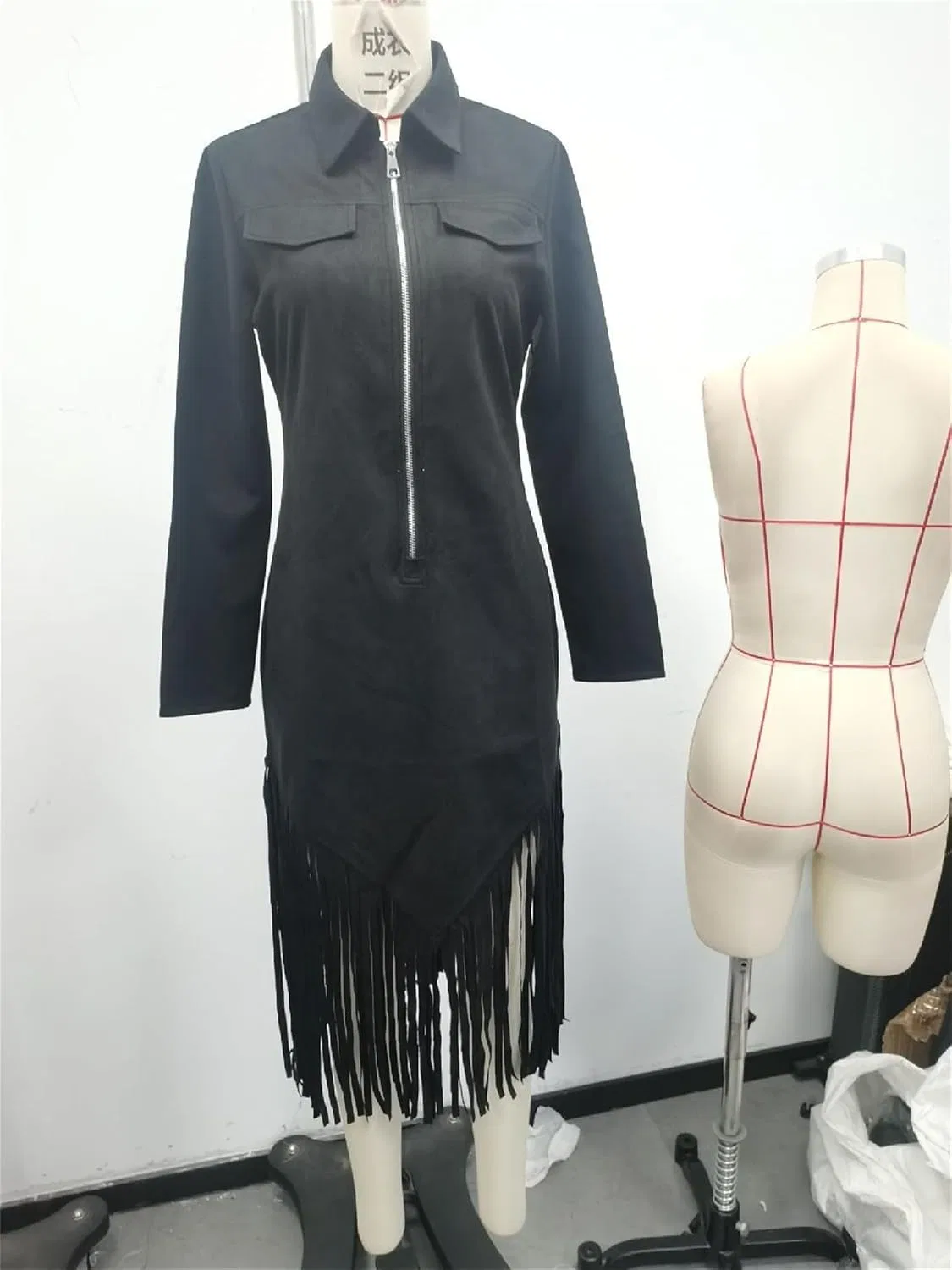 Женское платье-рубашка с бахромой и молнией Faux Suede, Black — фото 4