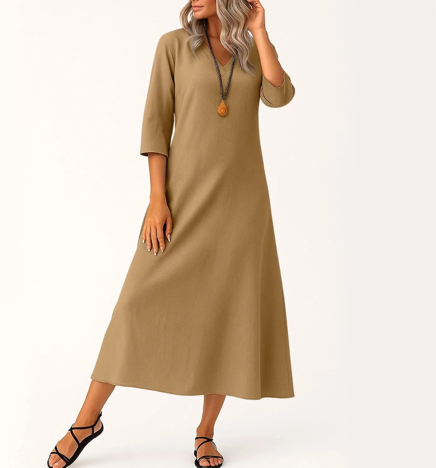 Женское летнее макси-платье с 3/4 рукавом из хлопка и льна Casual, Light Brown — фото 2