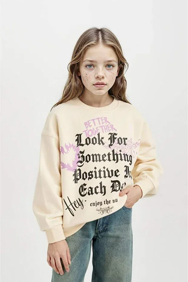 Детские свитшот для девочек с принтом Relax Fit Crew Neck Printed Defacto, Ekru-Er99