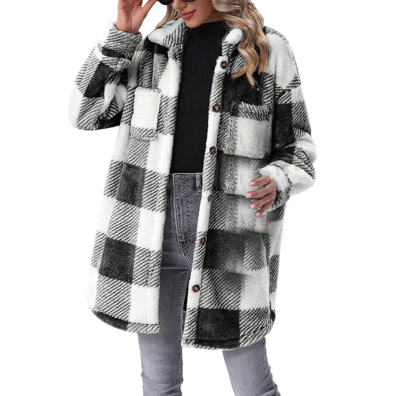 Женское пальто с принтом в клетку Oversize Long Sleeve, Black