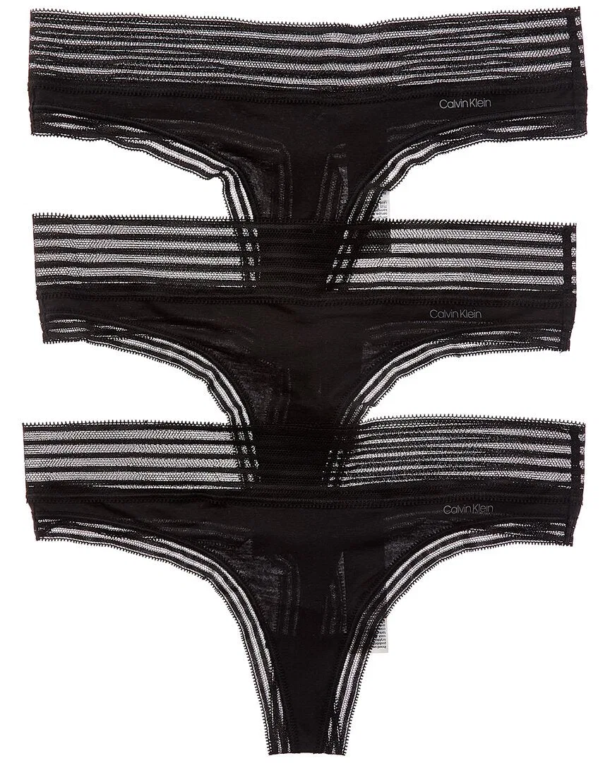 Женские трусы-стринги с сетчатой отделкой комплект из 3 штук Calvin Klein, Black