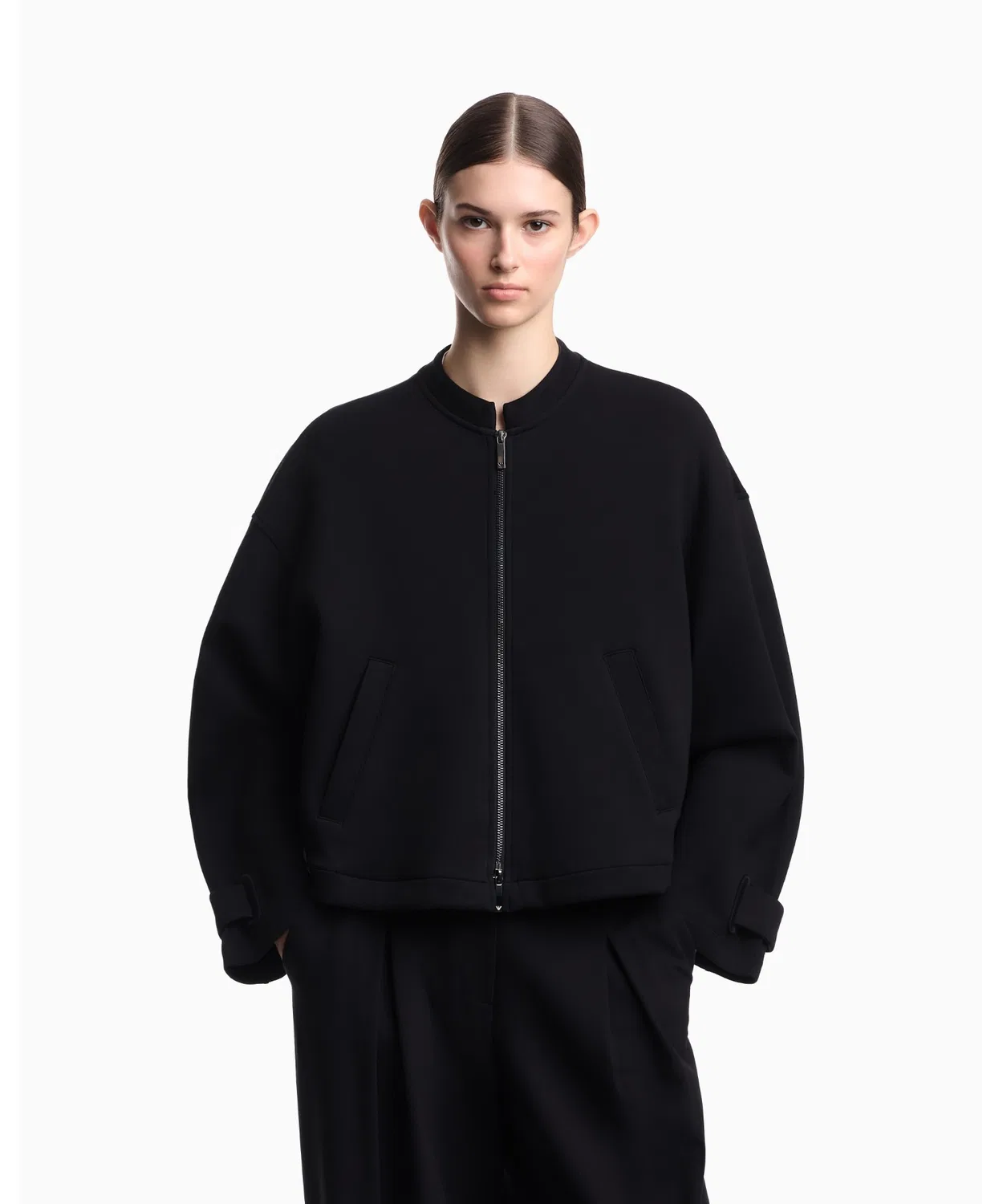Женский бомбер из стрейч-двойного джерси с молнией, модель EMPORIO ARMANI, Черный