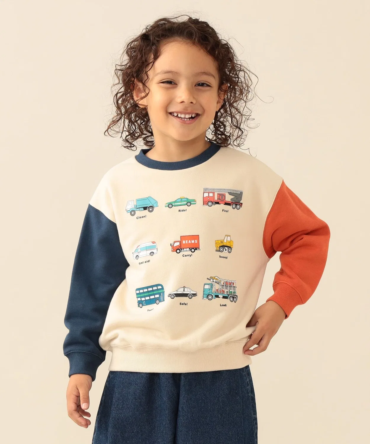 Детский свитшот с принтом рабочих машин, модель Working Car BEAMS mini, Off White/Navy