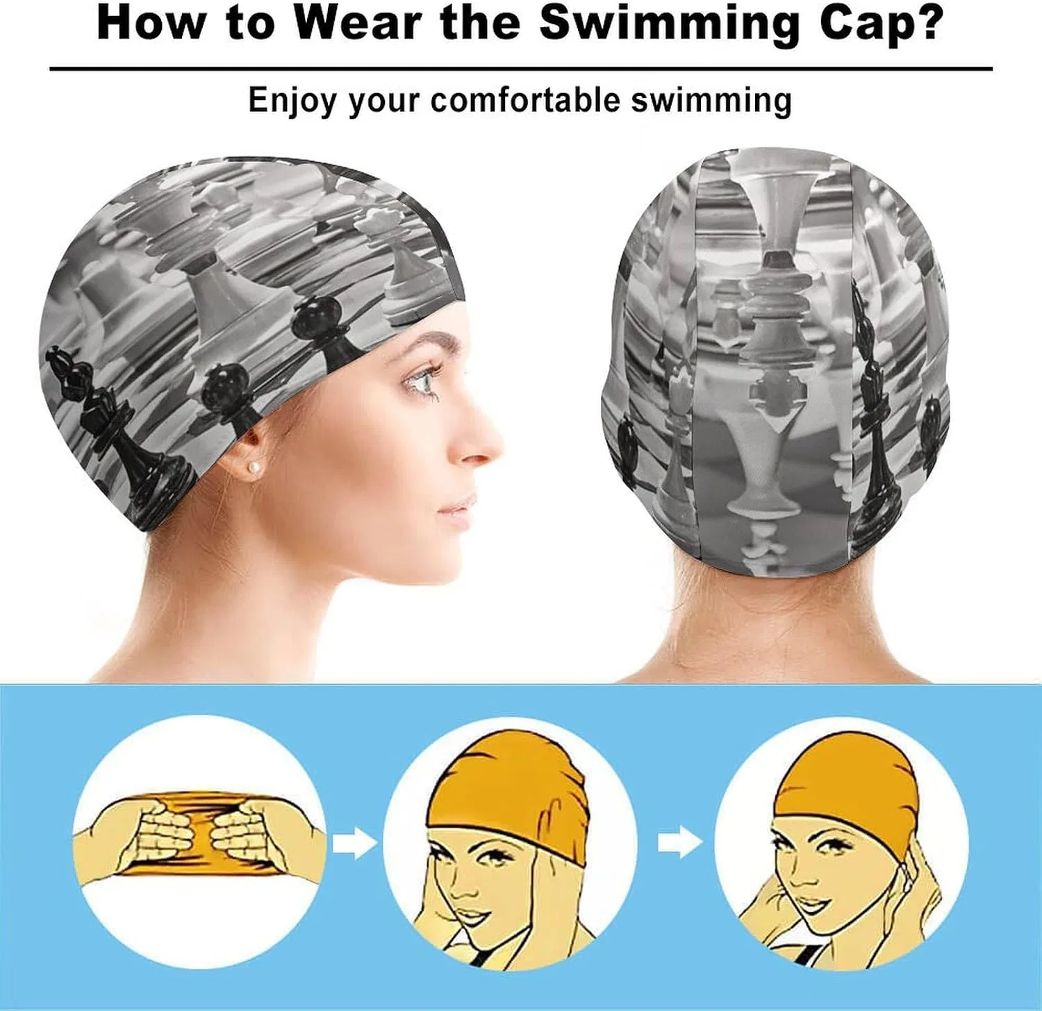Шапочка для душа KLWQR, 1 шт, Polyester, Черно-белая шахматная — фото 3