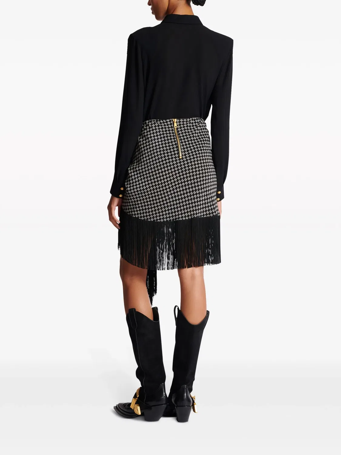 Мини-юбка из шелка с бахромой и принтом пейсли Balmain, черный — фото 3