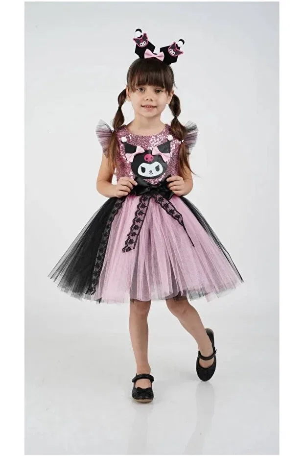 Детское платье для девочек с принтом Kuromi Crown Accessory Extraçarşi, Pink-Black 1 — фото 2