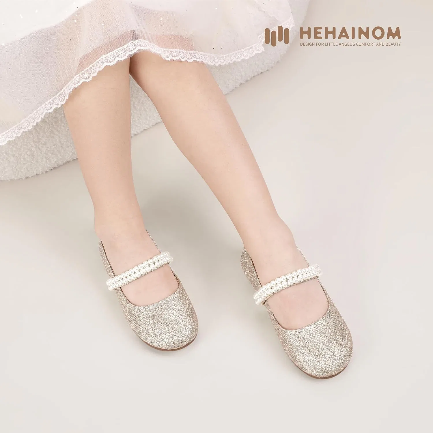 Детские балетки для девочек с цветочным принтом Hehainom, Gold Glitter — фото 3