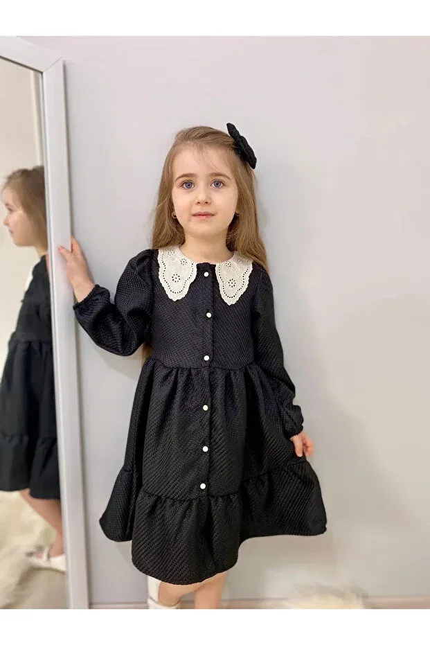 Детское платье для девочек с длинным рукавом Wednesday ready collar vintage Valery, Черный — фото 4