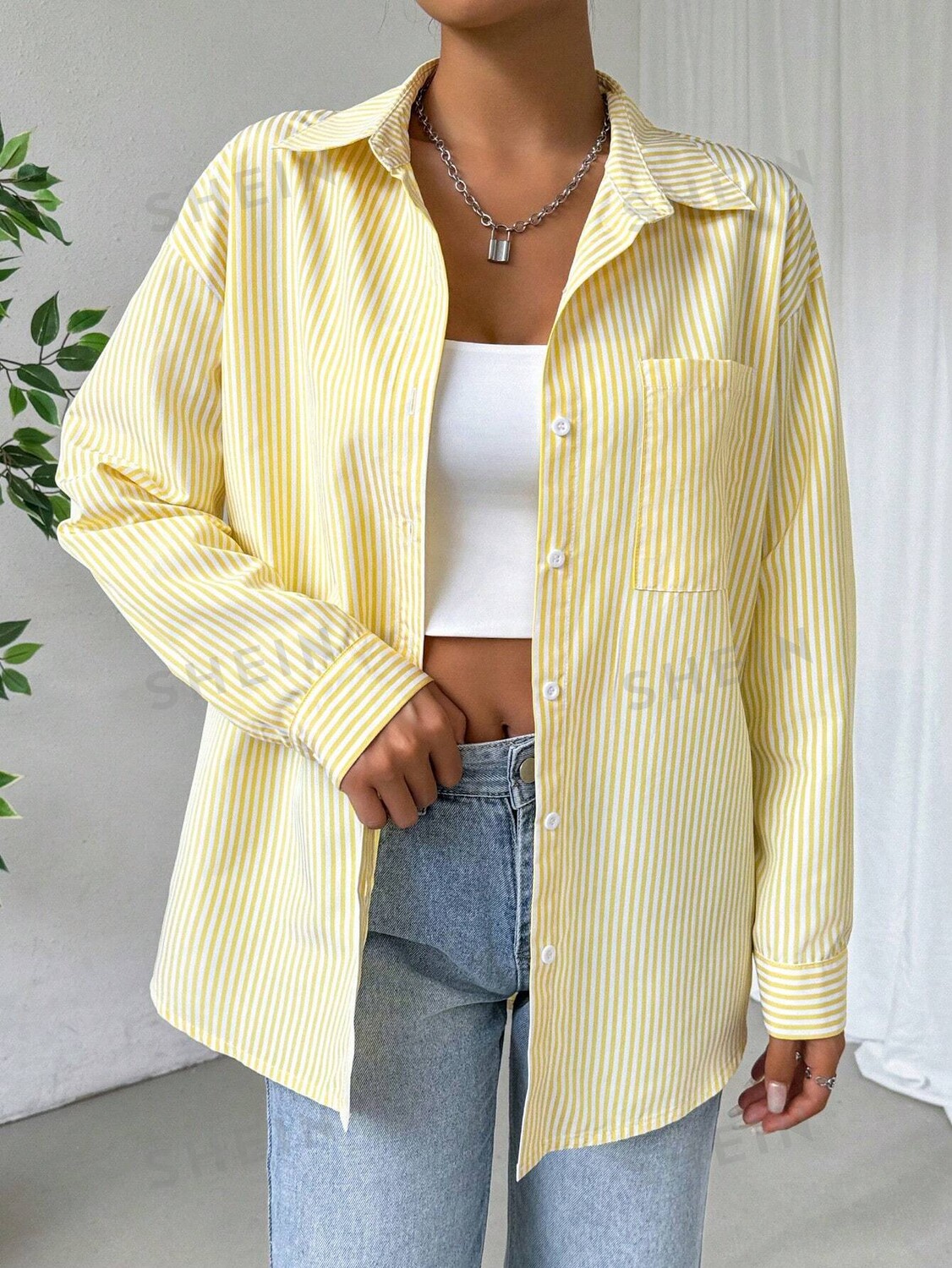 

EZwear Женская повседневная рубашка в простую полоску с длинными рукавами и принтом Shein, желтый