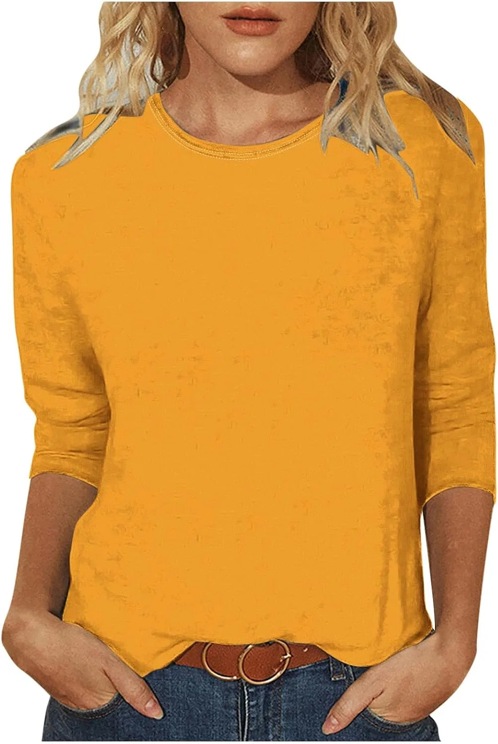 Женская свободная блуза с воротником-стойкой, 3/4 рукав, Yellow