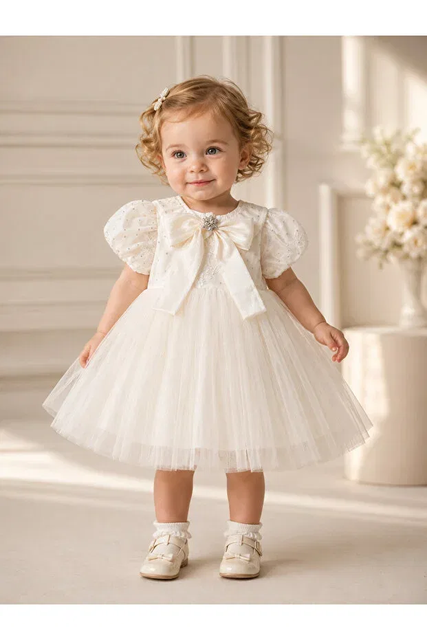 Детское платье для девочек из тюля с коротким рукавом-фонарик Liliyum, White