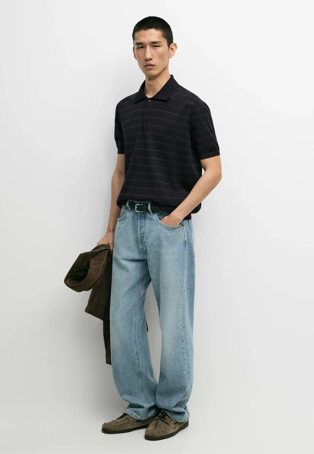 Полосатый вязаный поло с короткими рукавами - рубашка поло Massimo Dutti, Dark Blue — фото 2
