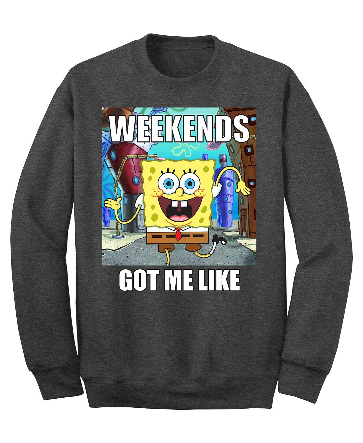 Мужская флисовая толстовка с круглым вырезом spongebob weekends got me like AIRWAVES, черный - фото