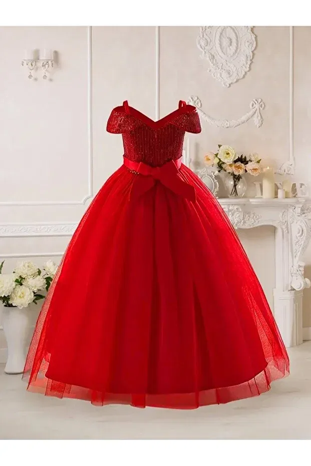 Детское платье для девочек с пайетками Elegant sequined off the shoulder tulle dress princess gown Tomac, Red — фото 4
